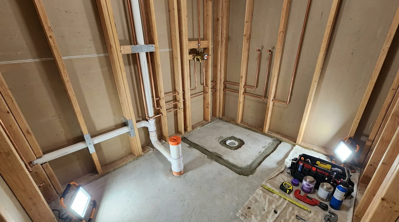 Bathroom rough-in plumbing during remodel by Johns Plumbing LLC in Streamwood